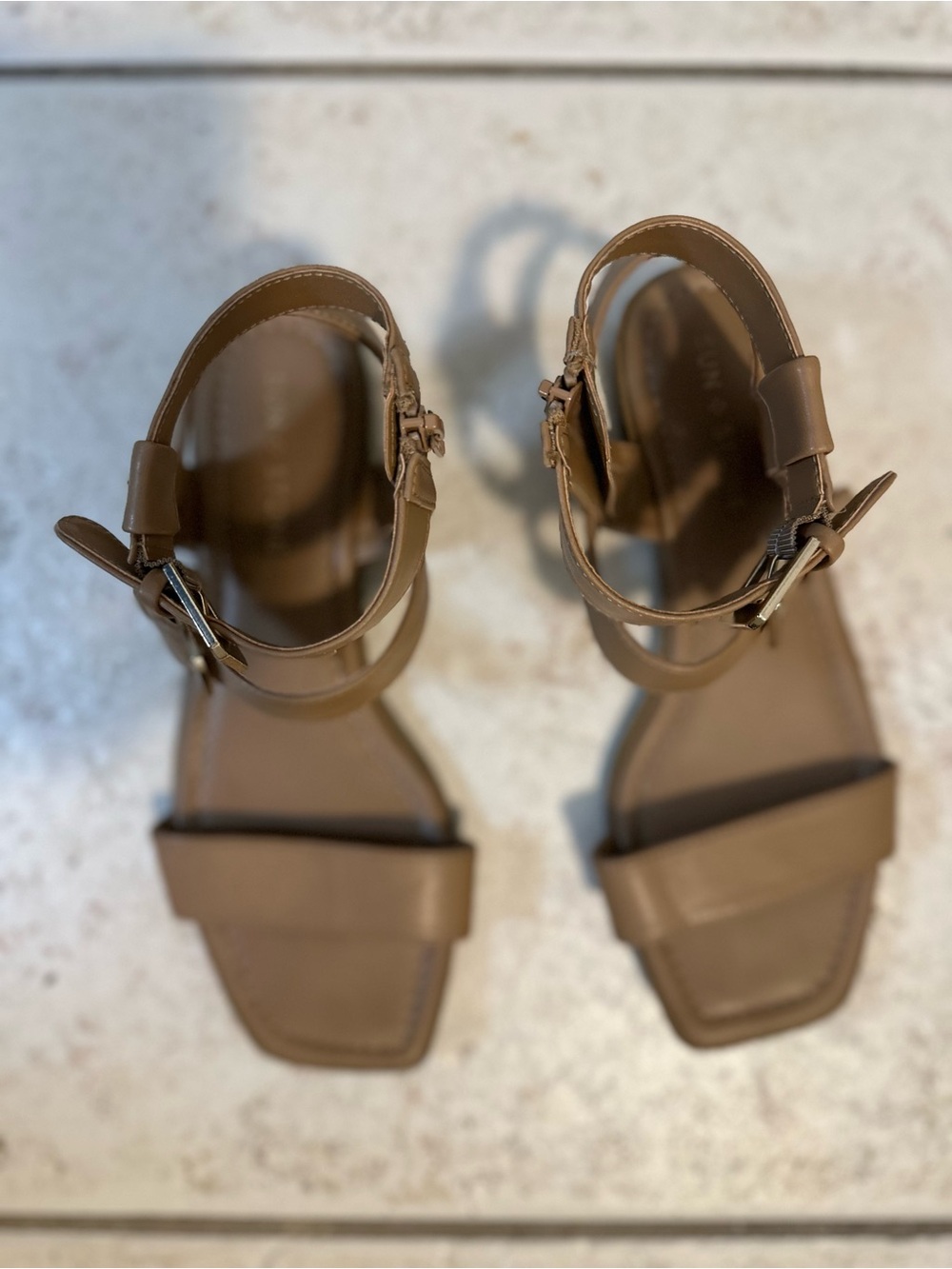 Sun + Stone Brown Ankle Strap Block Heel Sandals